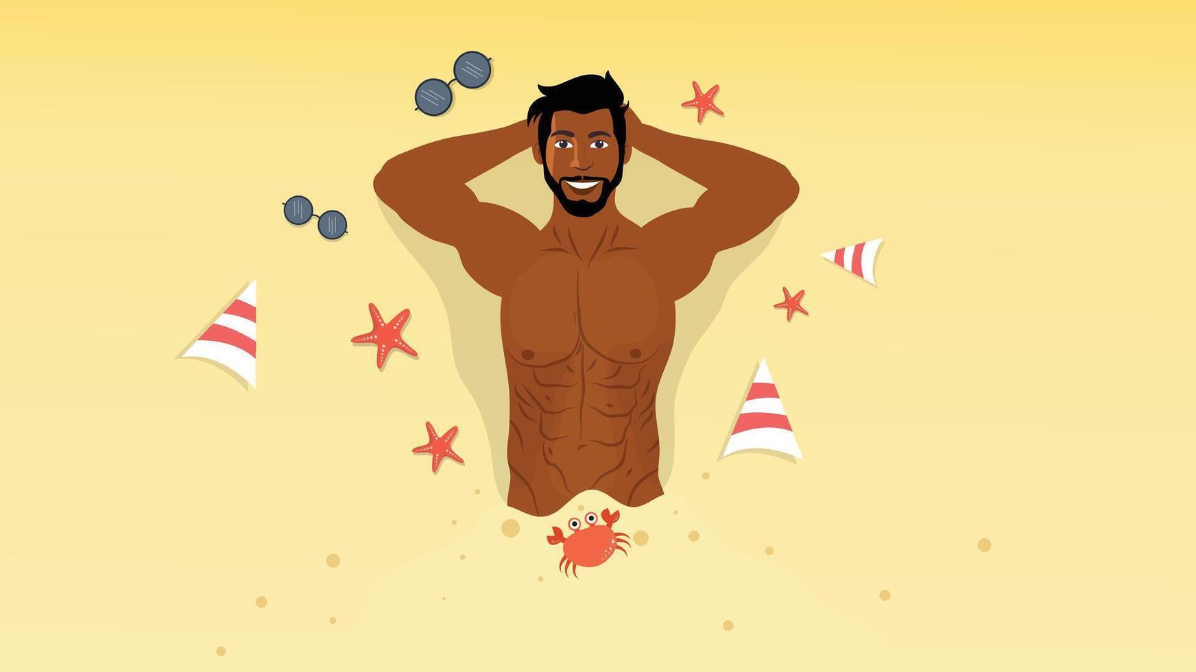 Relaxing man lying on sand with decorative seashells and beach toys vector