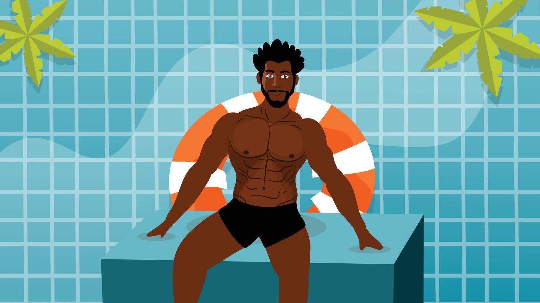 Shirtless man sitting beside lifebuoy with palm tree and blue pool wall vector