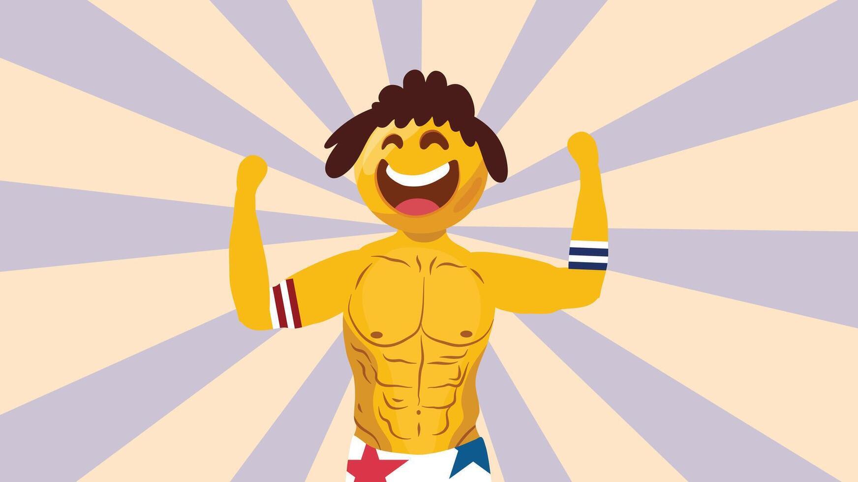 A muscular cartoon emoji with raised arms celebrating strength and excitement on emoji day vector