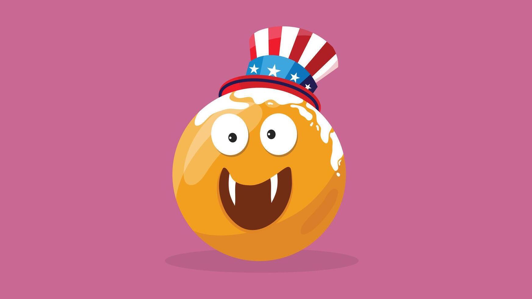 A playful orange emoji with vampire teeth and American-themed hat for emoji day vector