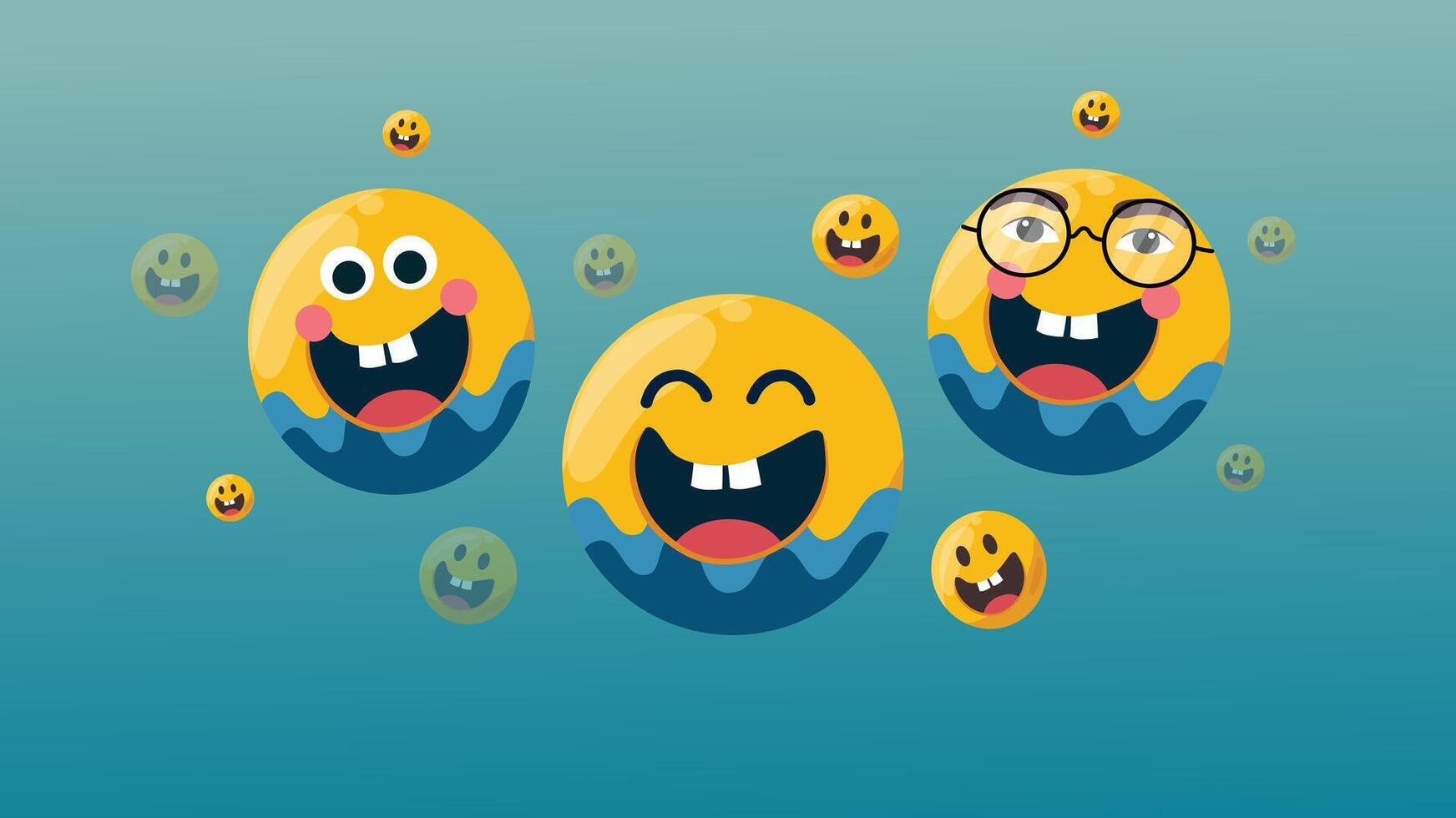 Large and small smiling emoji faces with various accessories and glasses vector