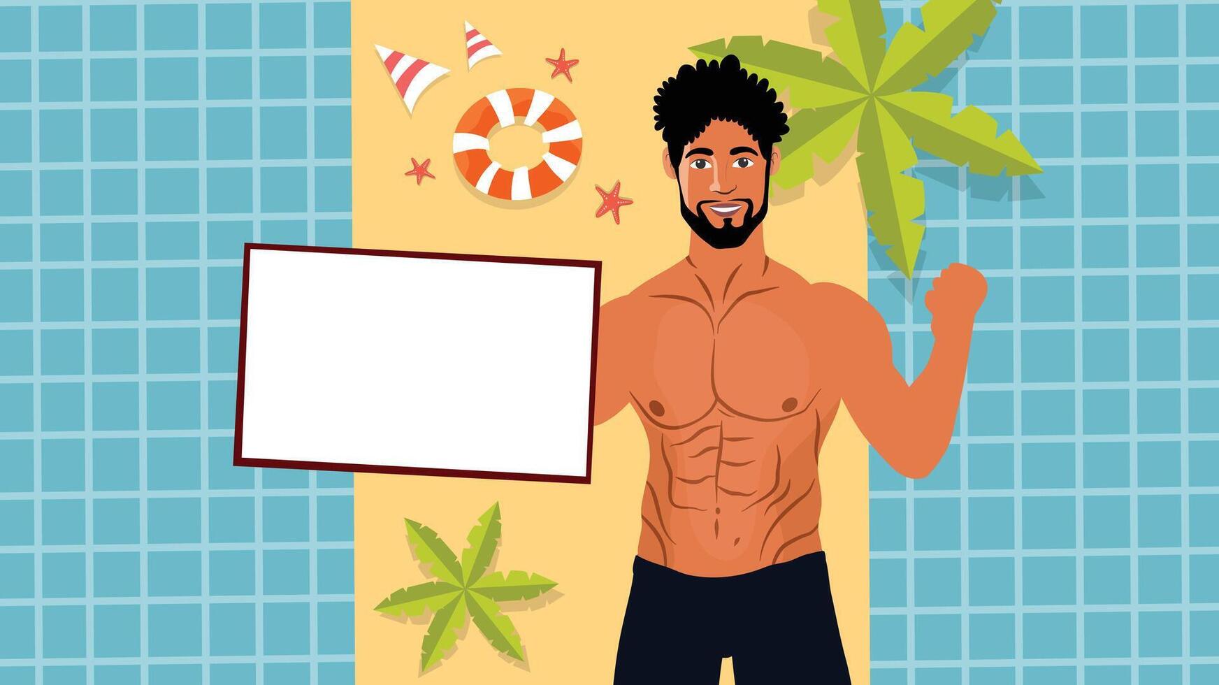 Shirtless confident man showing signboard in tropical summer setting vector
