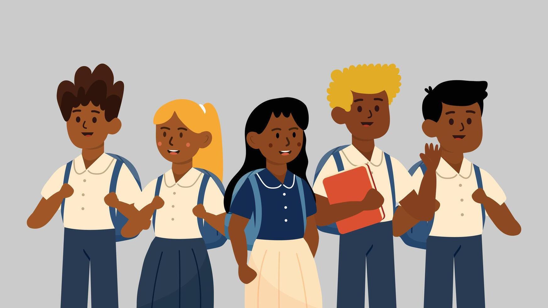 Six diverse students standing together wearing uniforms ready for school vector