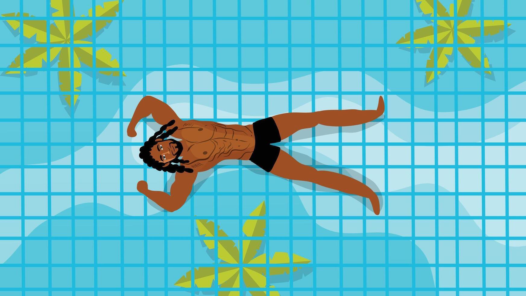 A shirtless man lying calmly on water with tropical tiles and palm leaves vector