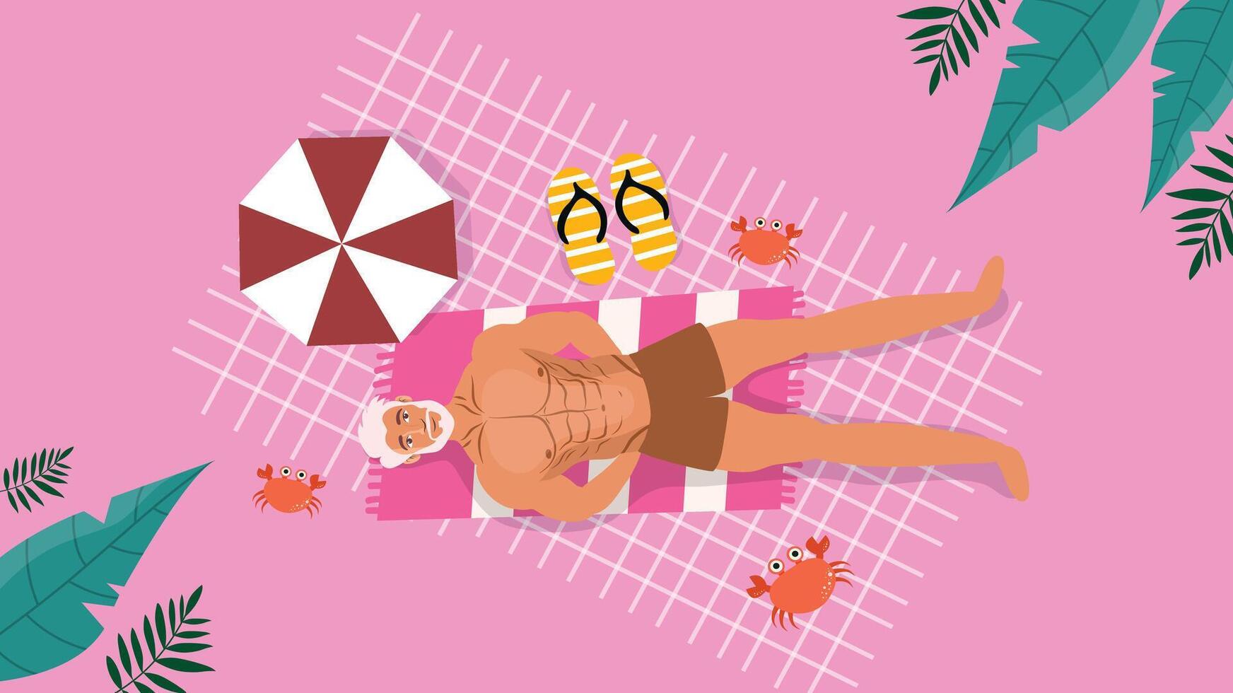 Shirtless man relaxing on beach mat with drink shoes and sea animals vector