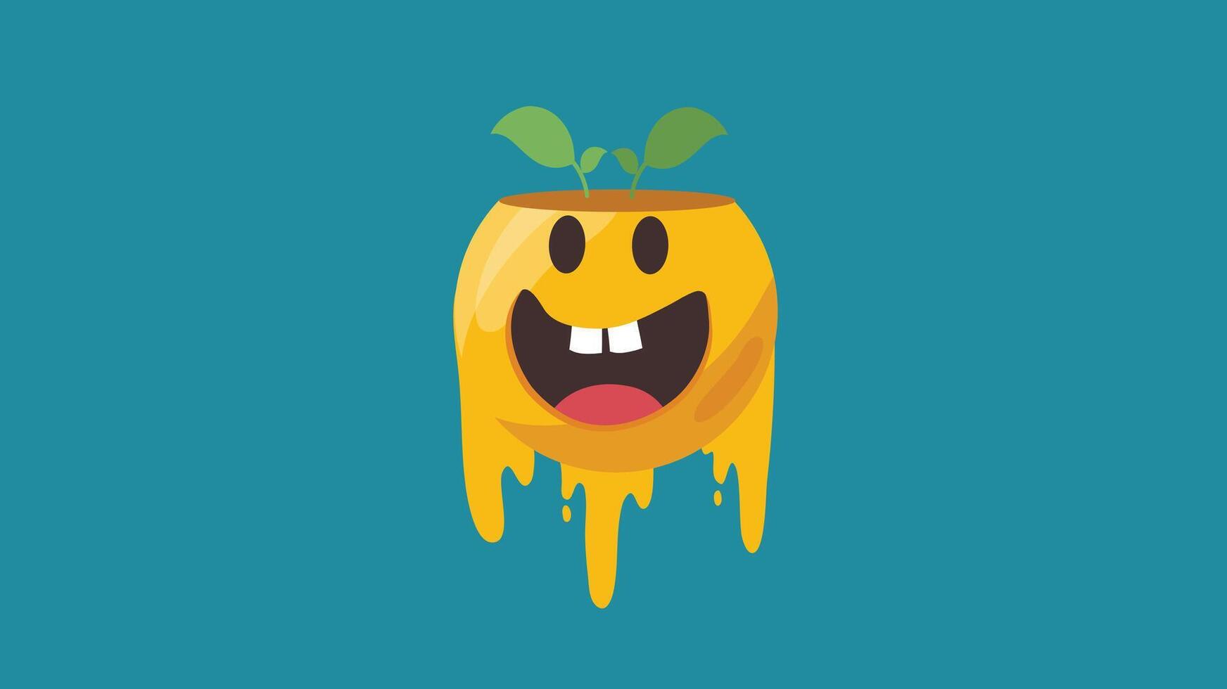 Cartoon emoji face dripping like paint, with leaf hair and wide smile vector