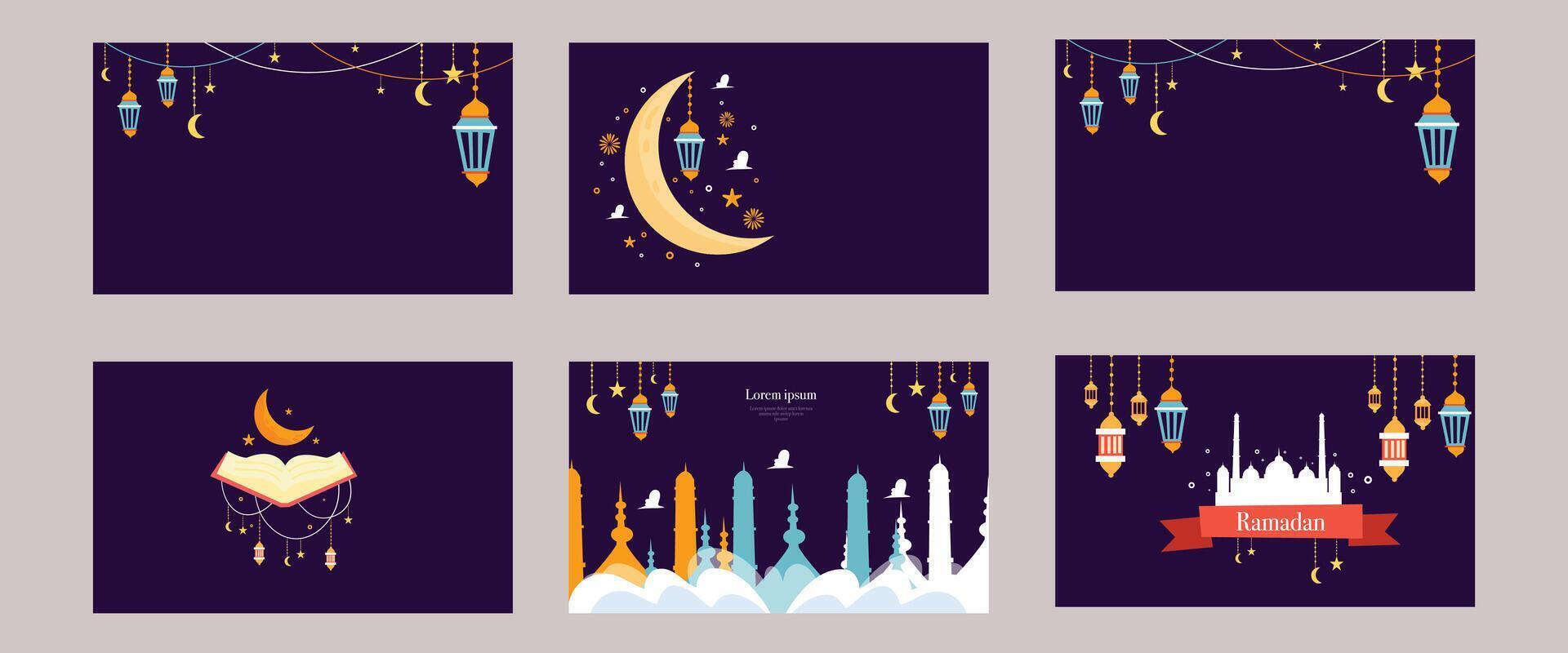 Ramadan lanterns and crescent moon designs vector