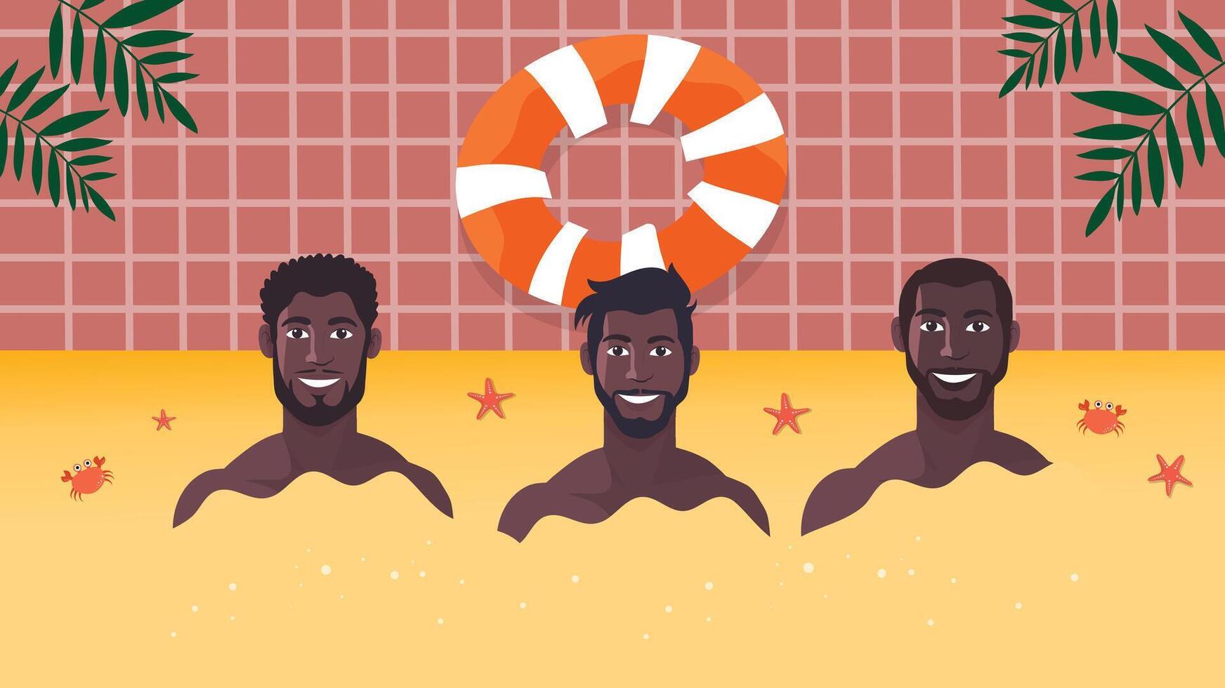 Group of dark-skinned men enjoying tropical summer fun in beach environment vector