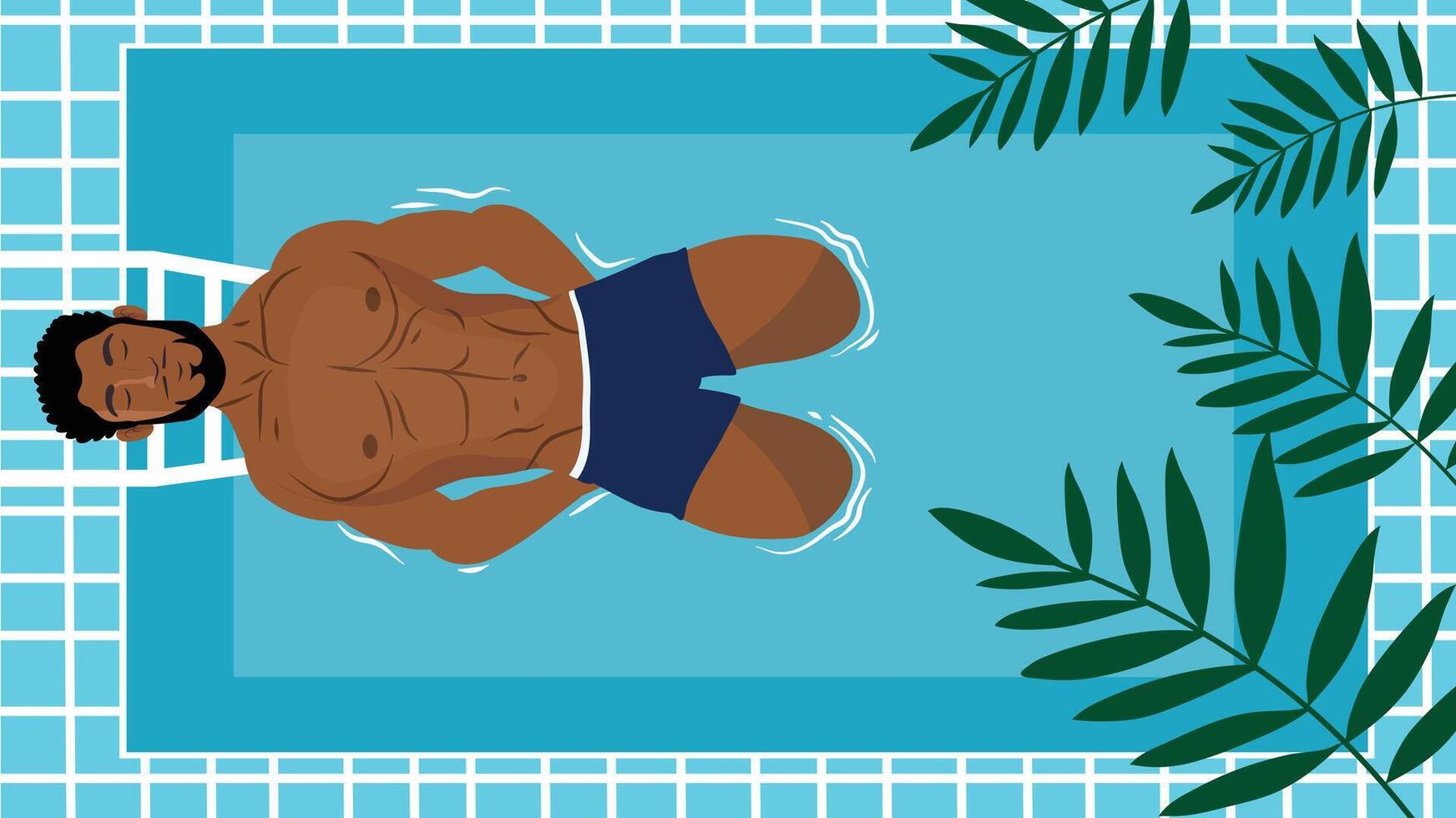 A man floating peacefully in a pool surrounded by tropical greenery vector