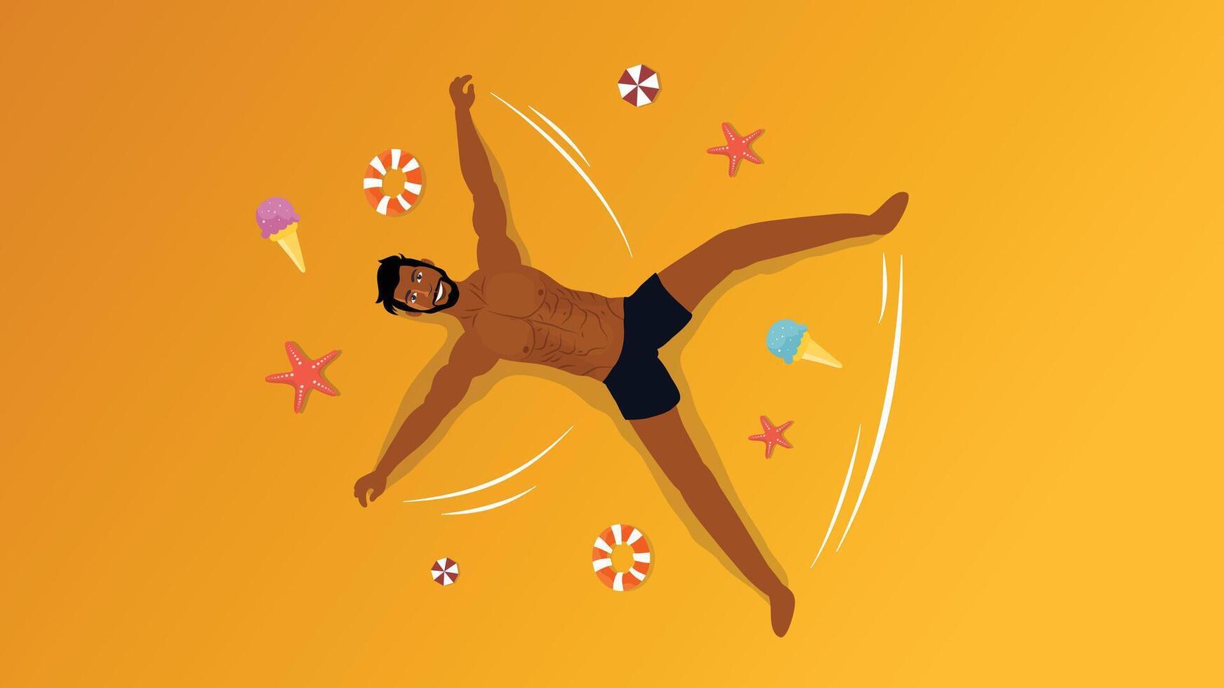 A muscular man lying on yellow sand surrounded by summer sweets and shells vector