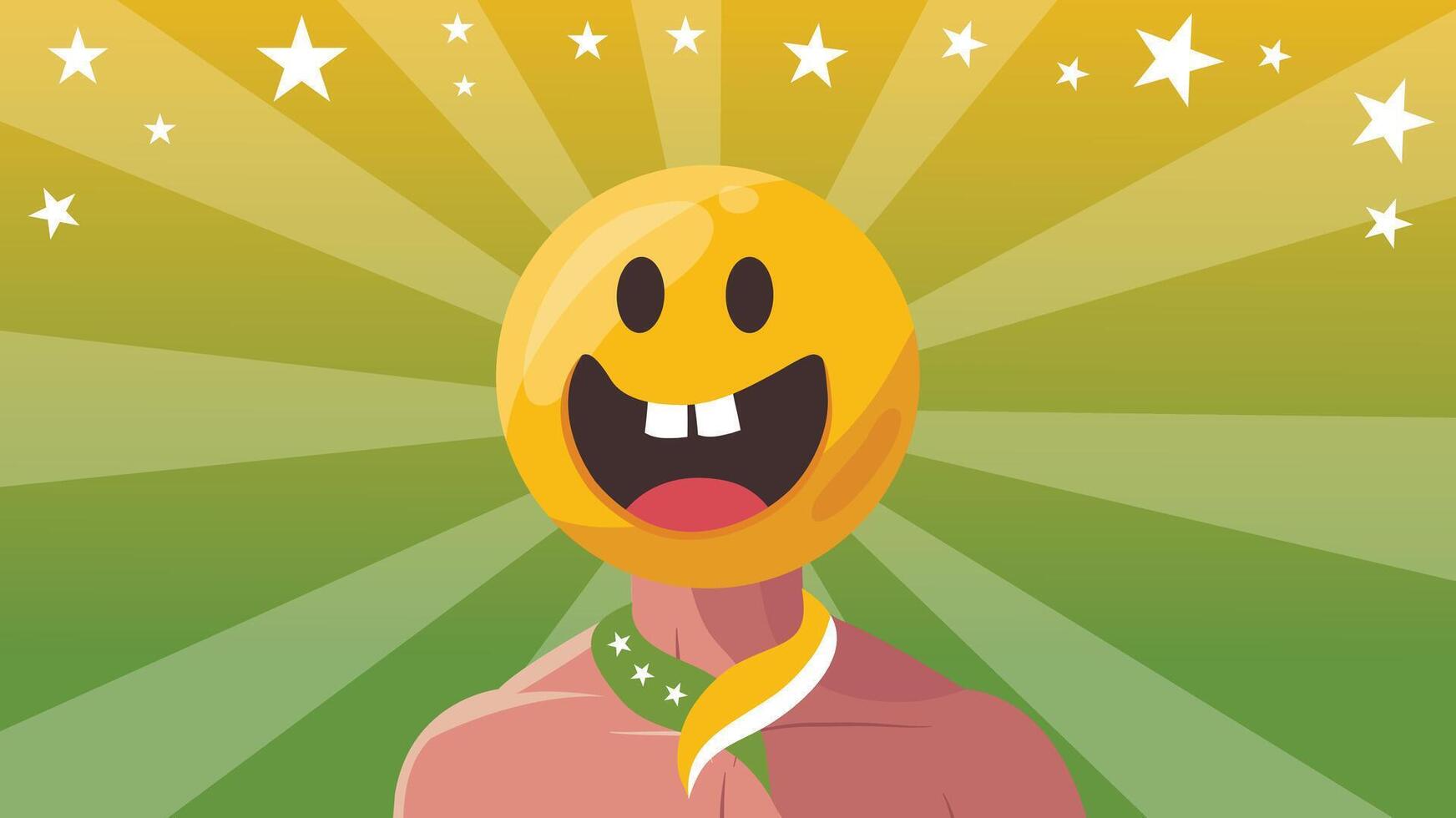 A muscular body with smiling emoji face shines with stars and green background vector