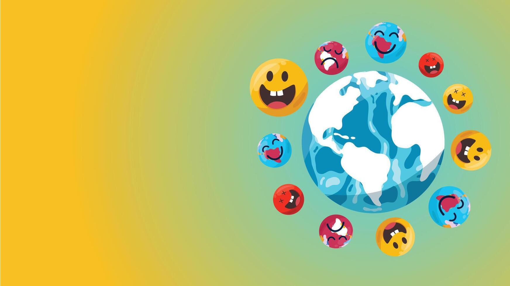 Colorful emoji characters surrounding the Earth in unity vector