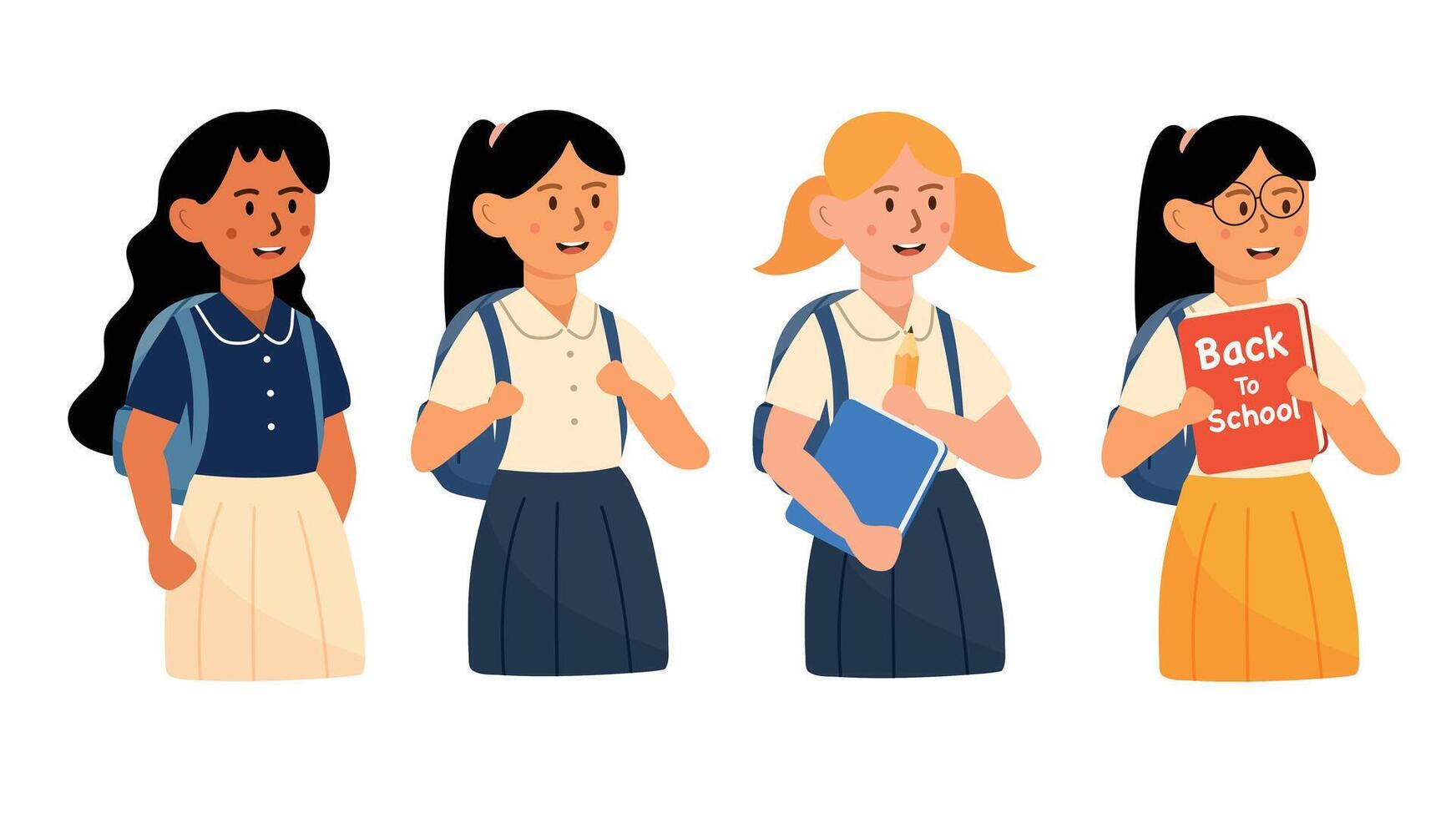 Four school girls with backpacks vector