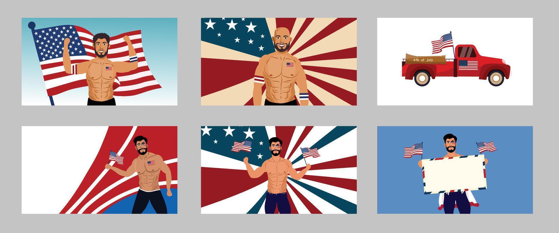 Strong men with American flags vector