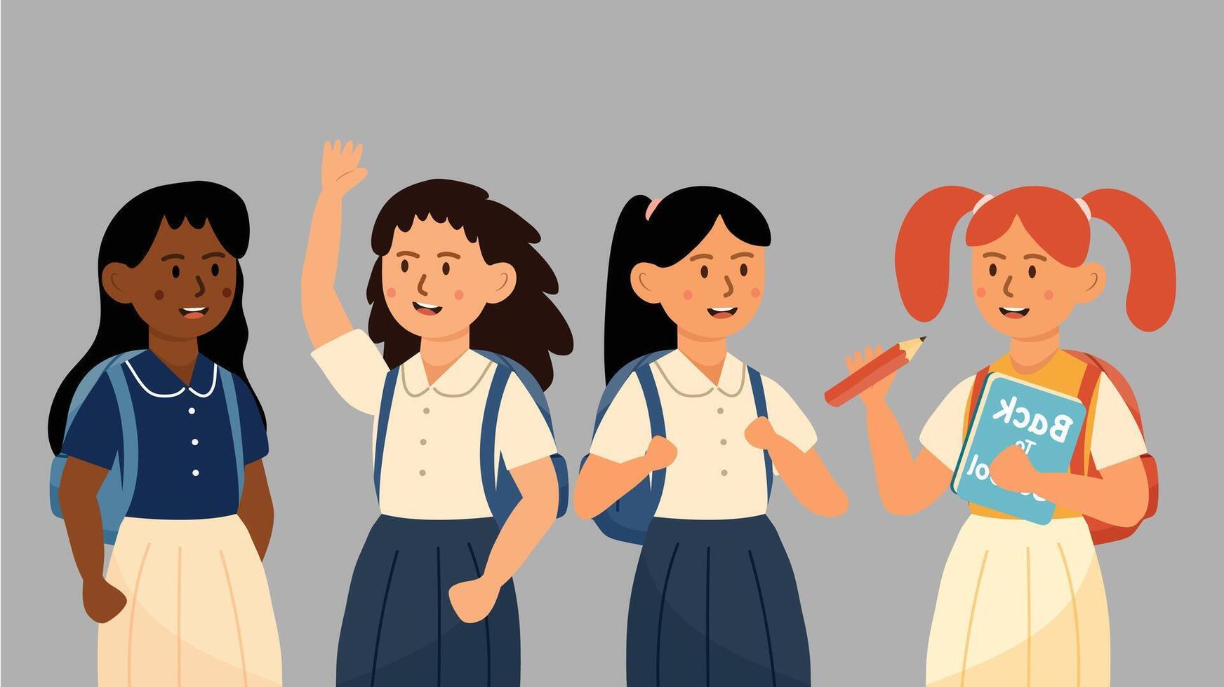 four students getting ready for school vector