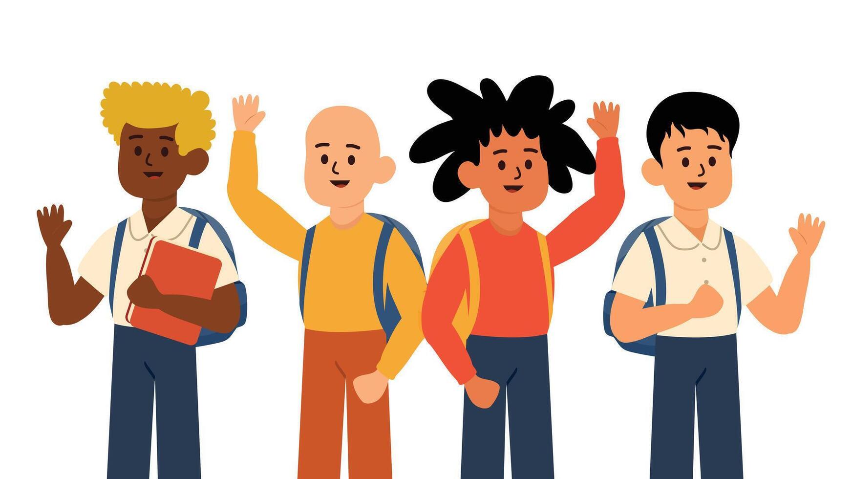 Cartoon schoolboys waving happily vector