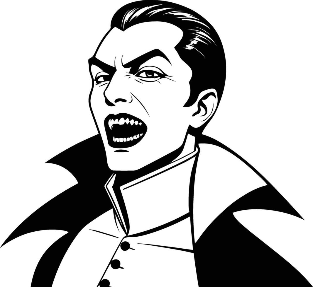 Silhouette of Classic Vampire Portrait with Sharp Fangs and Elegant Attire Representing Gothic Horror, Mythical Creatures, Dark Fantasy, and Timeless Vampire Iconography vector
