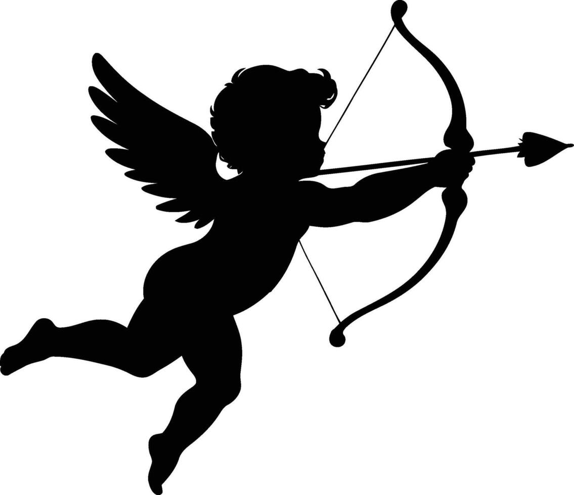 Silhouette of Cupid holding bow and arrow symbolizing love and romance perfect for Valentines Day cards romantic artwork wedding designs or affectionate and heartfelt graphic projects. vector