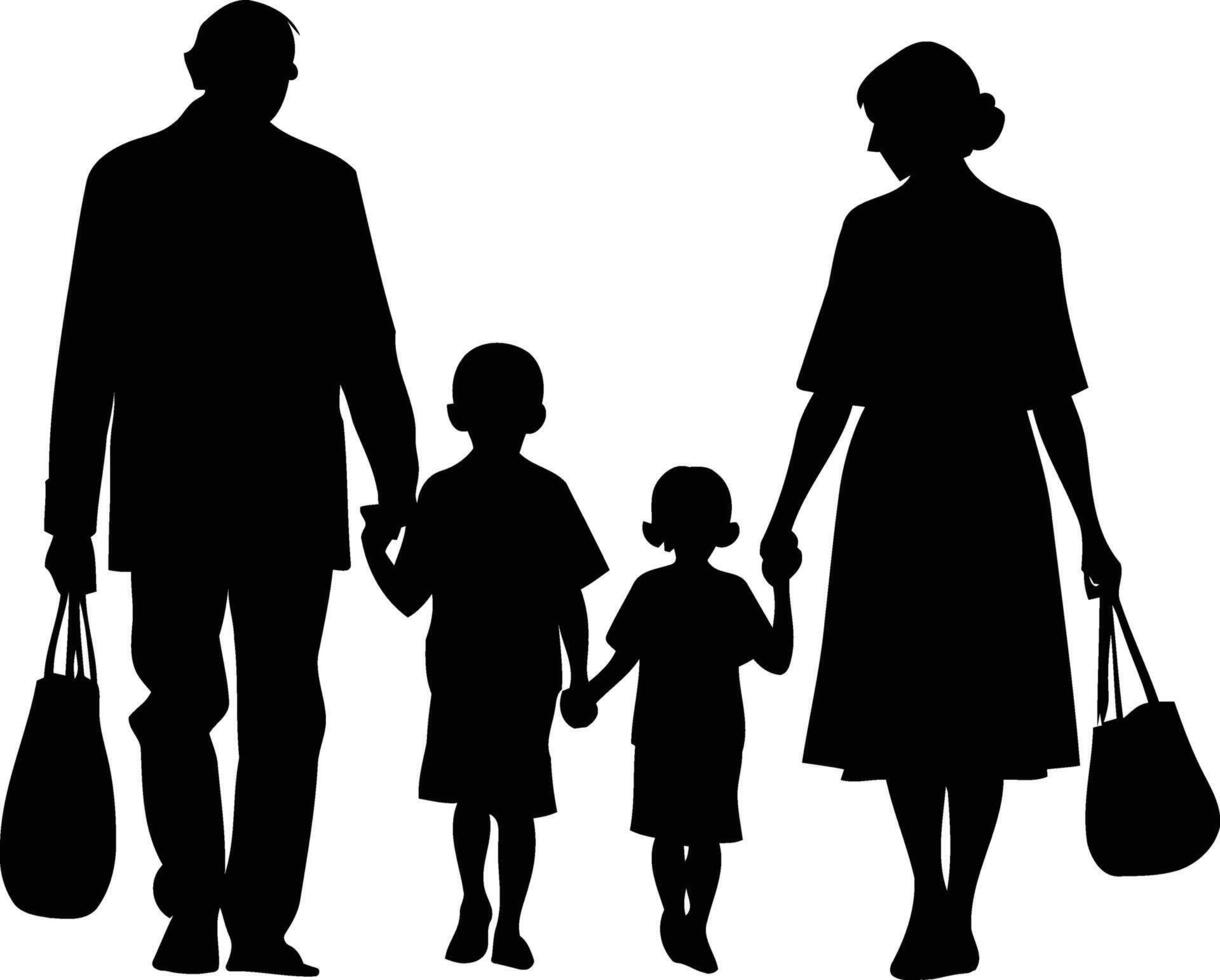 Silhouette of Elderly Couple Walking with Kids and Shopping Bags capturing family togetherness, cross-generational activities, joyful errands, and everyday love in motion vector