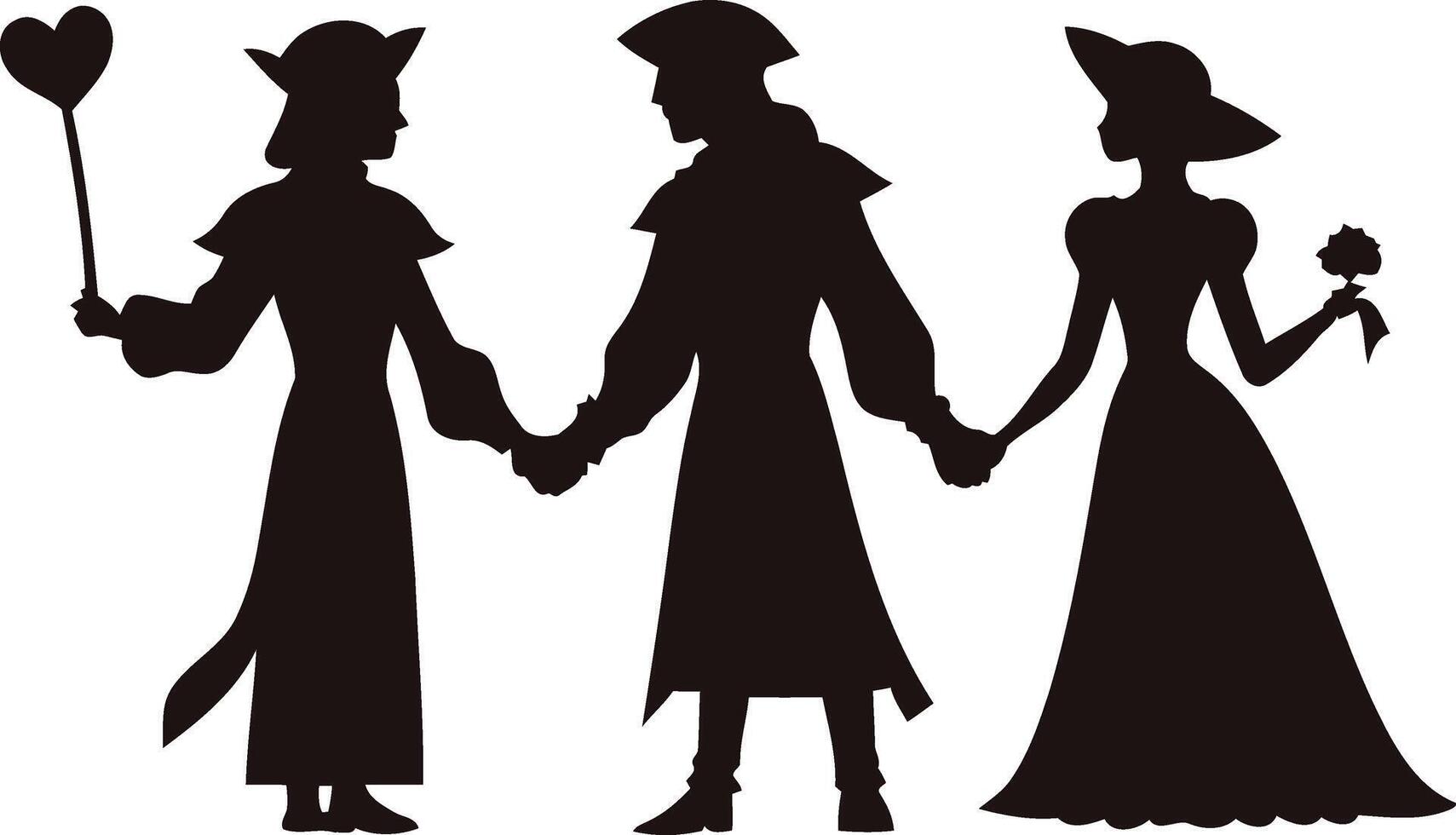 Silhouette of Medieval Love Triangle with Knight, Lady, and Rival Capturing Courtly Love, Jealousy, Romance, Forbidden Affection, and Classic Gothic Themes vector