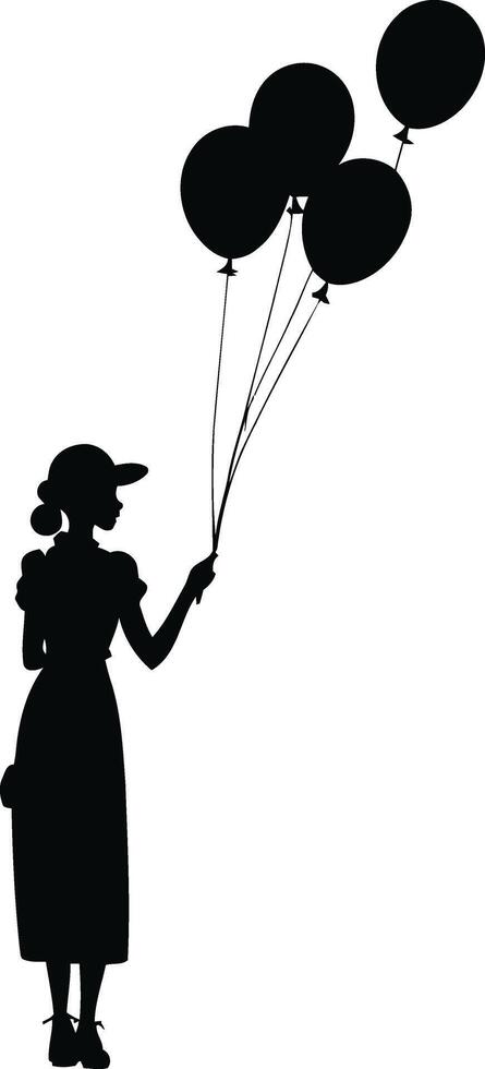 Silhouette of Female Figure with Balloons in Hand Depicting Party Mood, Uplifted Emotion, Positive Vibes, and Whimsical Celebration in Minimalist Design vector