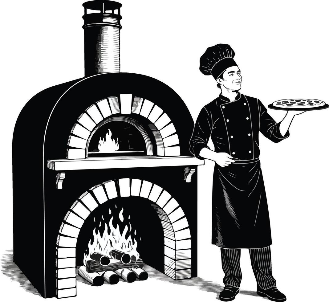 A black and white image of a chef holding a pizza vector