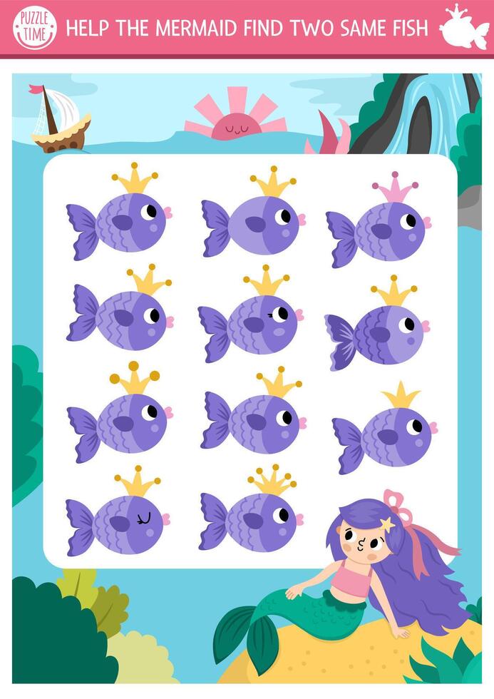 Mermaid with purple fish puzzle vector