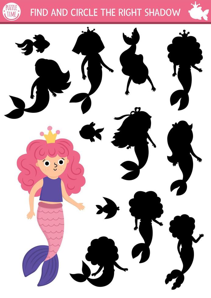 Mermaid shadow matching puzzle for kids vector