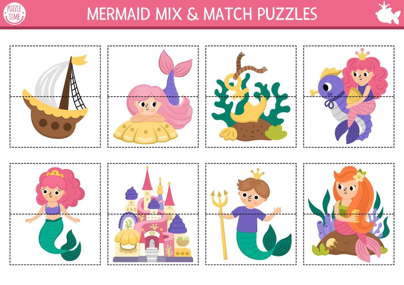 Colorful mermaid puzzle pieces for kids vector