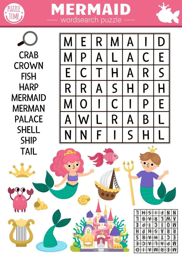 Mermaid word search puzzle for children vector