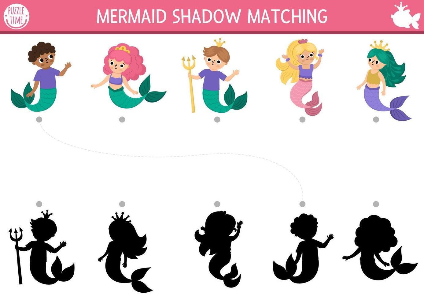 Mermaid shadow matching puzzle for kids vector