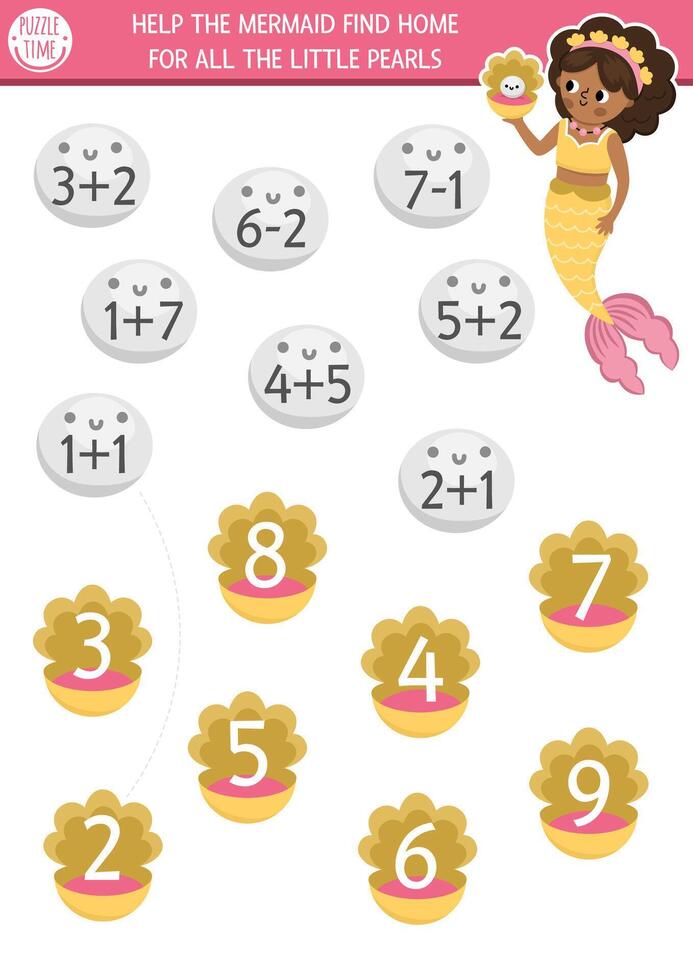 Count and match the numbers mermaid game with sea princess, pearls, seashells. Fairytale ocean kingdom math activity for kids. Marine educational counting worksheet. Find the right shell vector
