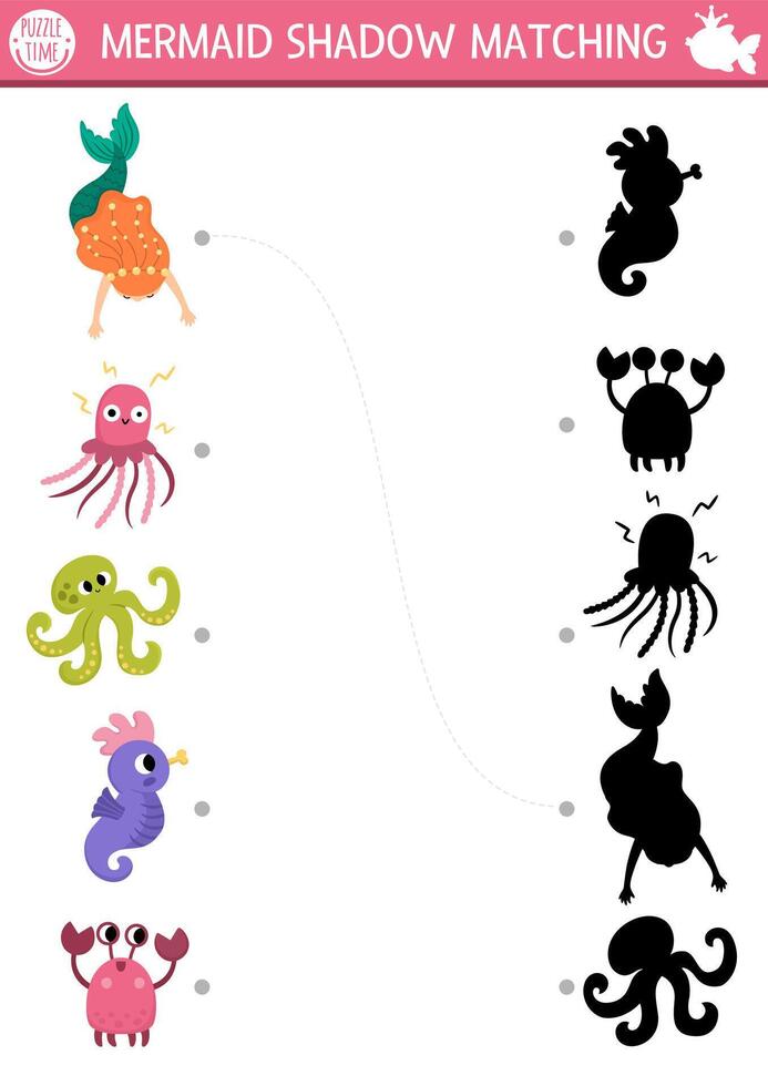 Mermaid shadow matching activity with water animals. Fairytale ocean kingdom puzzle with cute girl, octopus, seahorse. Find correct silhouette printable worksheet, game. Marine page for kids vector