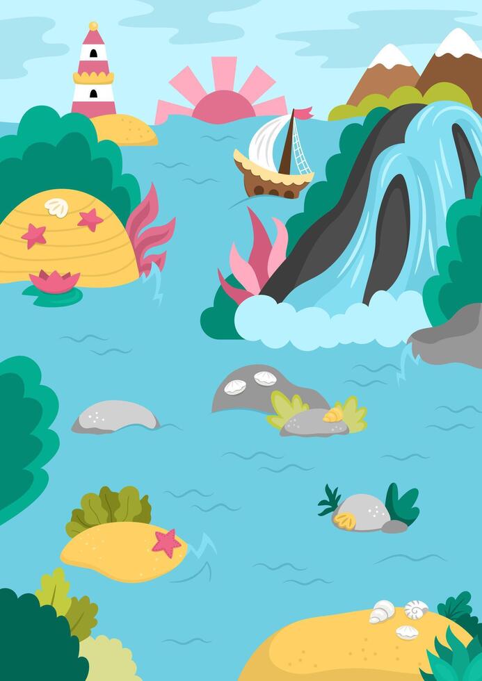 Lighthouse and waterfall in ocean landscape vector