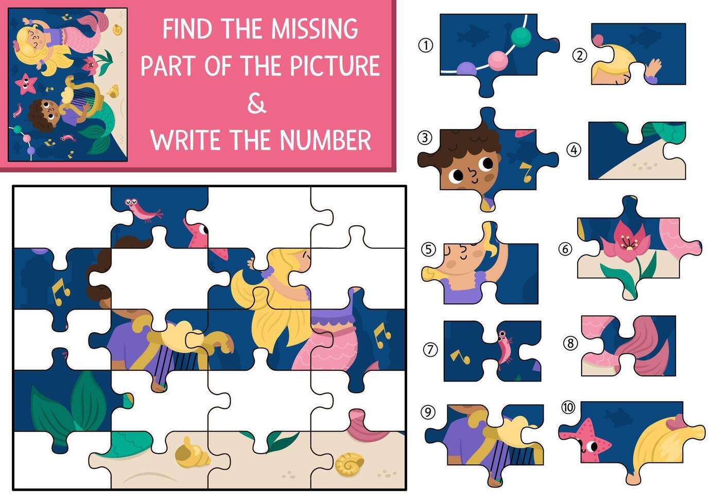 mermaid cut and glue or matching activity with jigsaw puzzle pieces. Game with cute underwater landscape, dancing sea princess, merman with harp. Fun marine printable worksheet for children vector