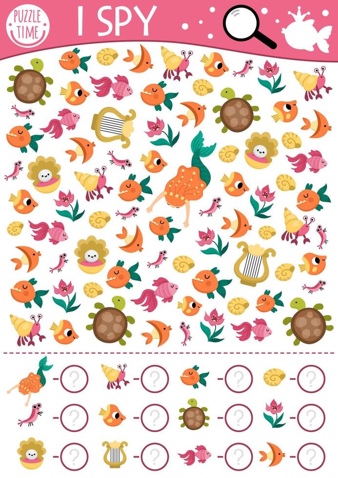 Mermaid I spy game for kids. Searching, counting activity with harp, turtle, seashell, water lily, crab. Fairytale ocean kingdom printable worksheet for children. Simple marine spotting puzzle vector