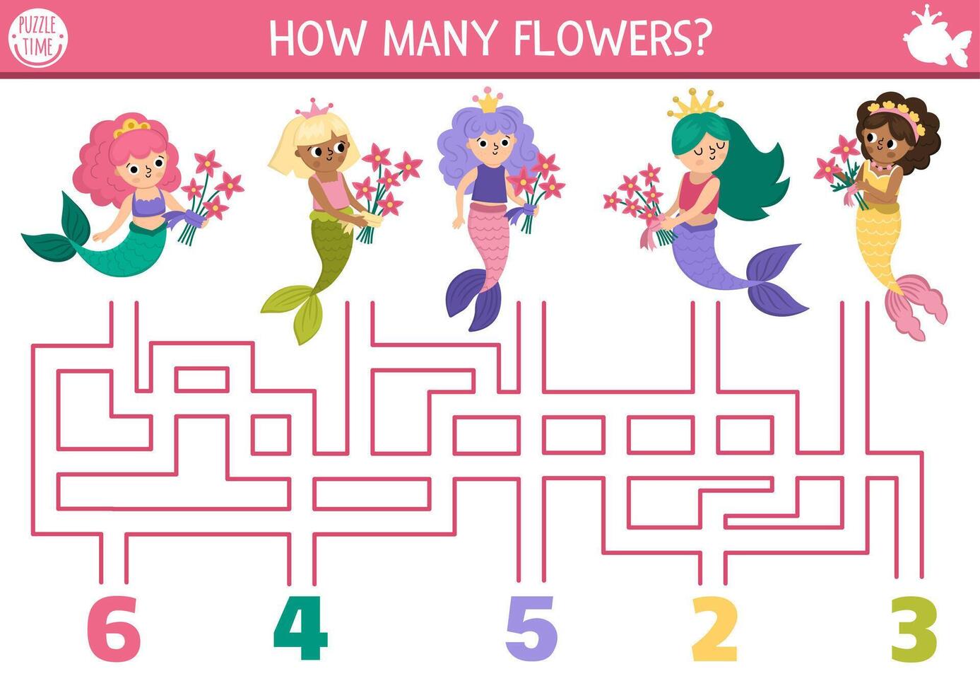 Mermaid counting maze for kids with seaweed flower bouquets. Marine preschool printable activity. Fairytale ocean kingdom labyrinth game, puzzle. Water life math worksheet with sea princess vector