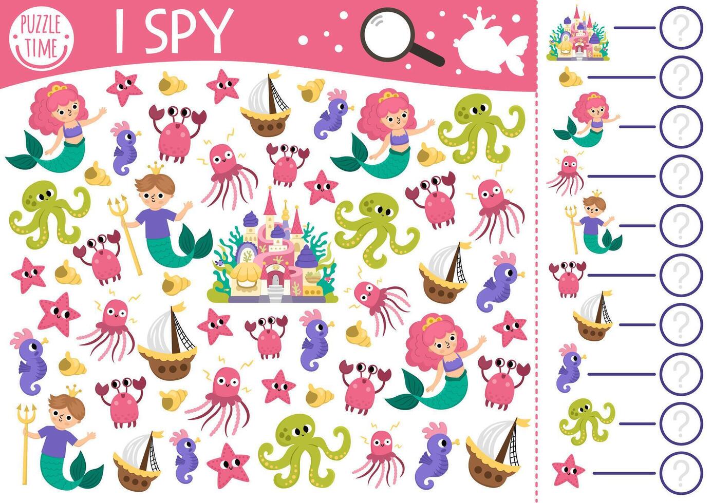 Mermaid I spy game for kids. Searching, counting activity with merman, jellyfish, palace, ship, octopus. Fairytale ocean kingdom printable worksheet for children. Simple marine spotting puzzle vector