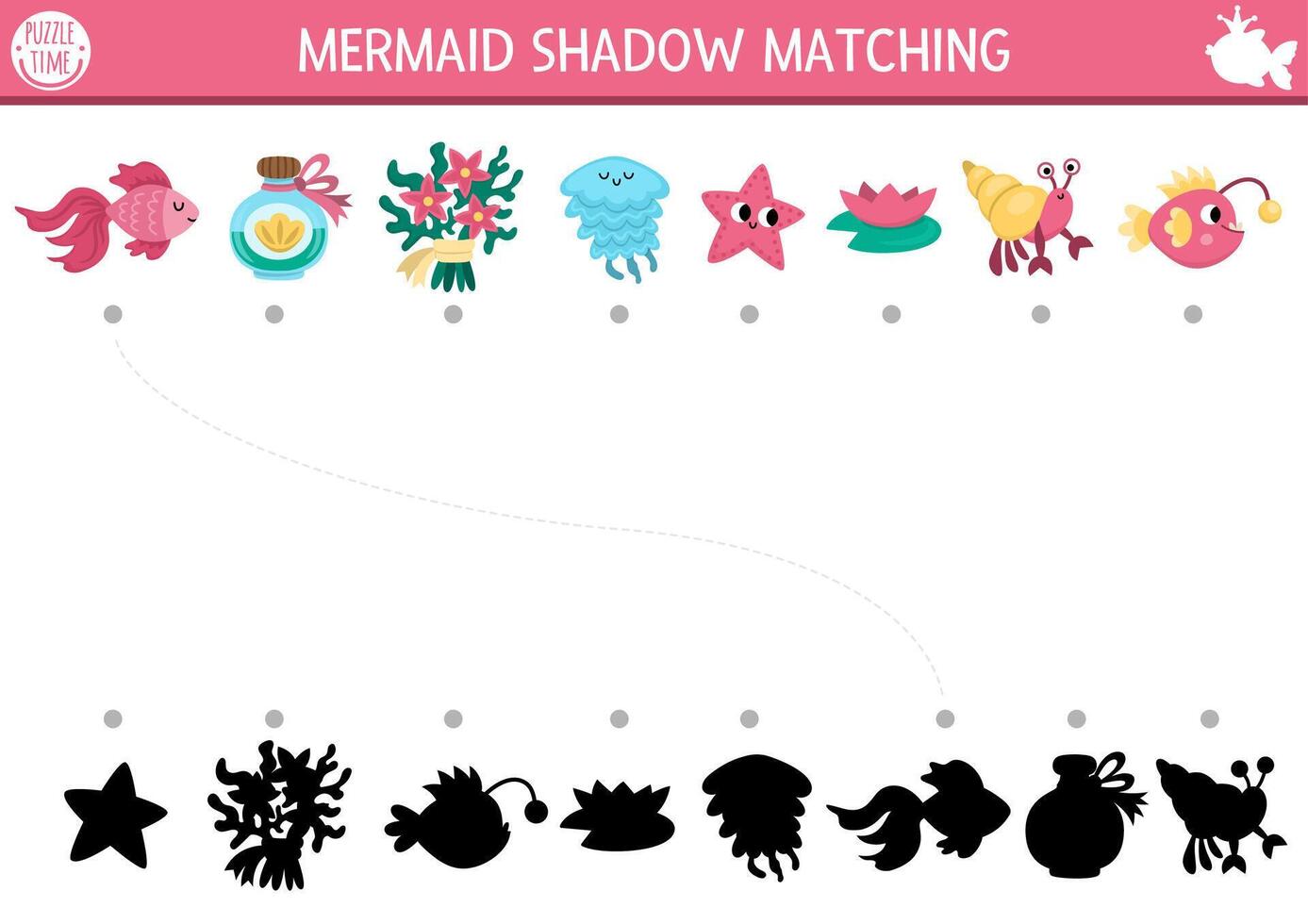 Mermaid shadow matching activity with starfish, jellyfish, fish, seaweeds. Fairytale ocean kingdom puzzle with. Find correct silhouette printable worksheet, game. Marine page for kids vector
