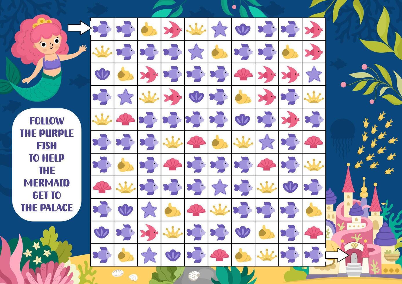 Mermaid maze, seek and find game with seashells, crown. Attention skills puzzle. Marine printable activity for kids. Logical searching puzzle. Follow purple fish to help sea princess get to castle vector