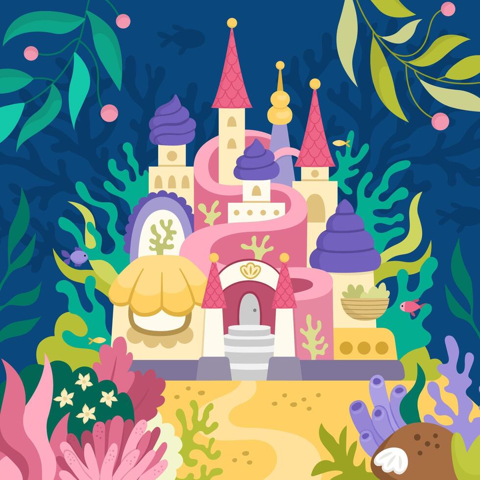 landscape illustration with mermaid castle. Ocean or sea kingdom scene with seaweeds, fish, corals, marine princess palace on seabed. Cute square fairytale background for kids vector