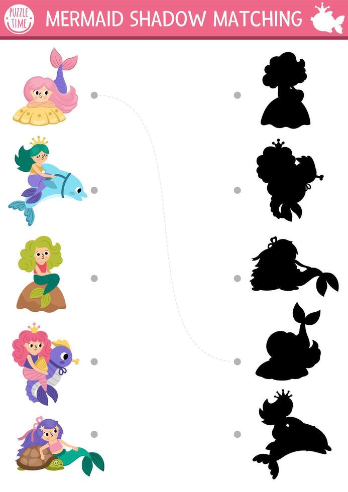 Mermaid shadow matching activity with sea princesses. Fairytale ocean kingdom puzzle with cute girls with pets. Find correct silhouette printable worksheet or game. Marine game page for kids vector