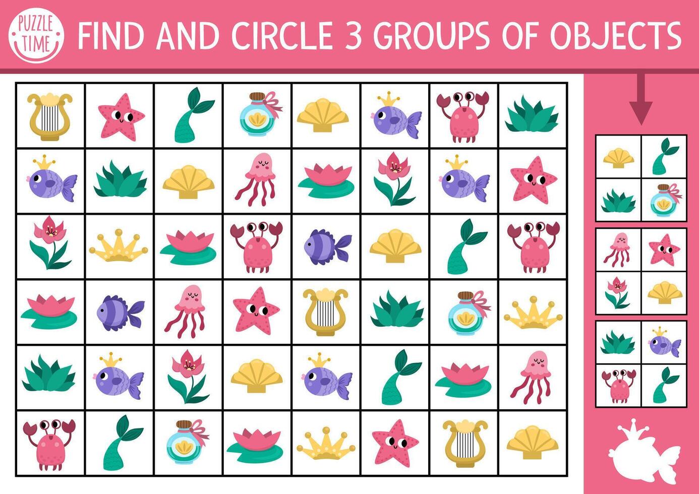 Mermaid seek and find game. Attention skills training puzzle with seashell, crab, comb, crown. Fairytale ocean kingdom printable activity for kids. Marine searching puzzle. Find groups of objects vector