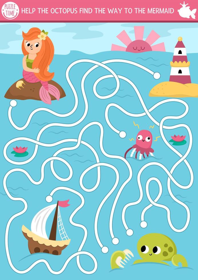 Mermaid maze for kids with lagoon landscape. Marine preschool printable activity. Fairytale ocean kingdom labyrinth game, puzzle. Worksheet with octopus searching his way to sea princess vector