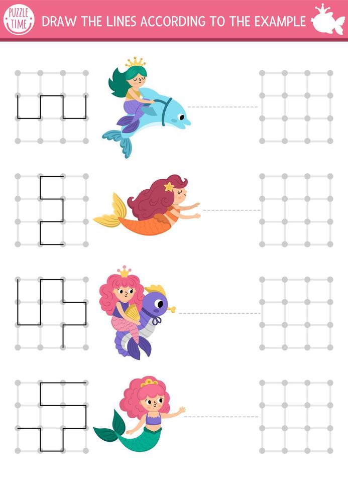 Mermaid drawing, writing, tracing, space orientation activity for kids with sea princesses. Draw the lines in square box according the example. Fairytale ocean kingdom preschool printable game, puzzle vector