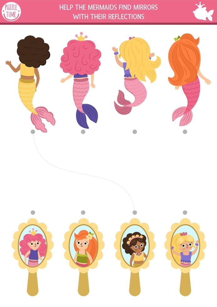 Mermaid matching activity with front and back view. Marine puzzle with sea princess reflections in mirror. Match objects game. Ocean kingdom printable worksheet. Fairytale logical page vector