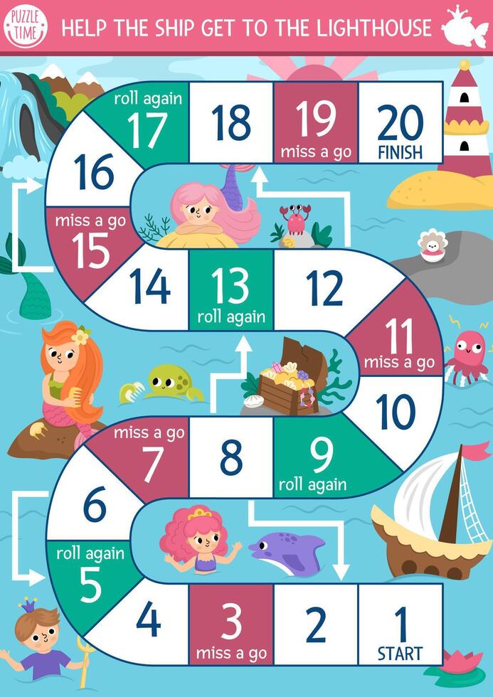 Mermaid dice board game for children with cute sea princess. Marine boardgame with lagoon landscape. Fairytale ocean printable activity, worksheet. Help the ship get to lighthouse vector