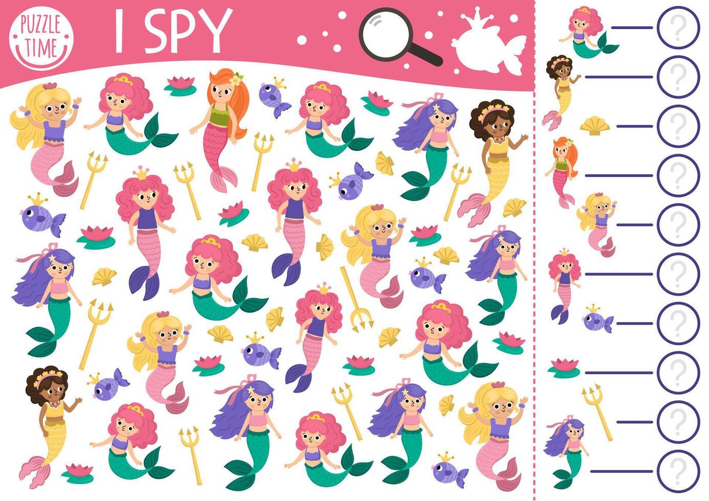 Mermaid I spy game for kids. Searching, counting activity with trident, water lily, seashell, fish. Fairytale ocean kingdom printable worksheet for children. Simple marine spotting puzzle vector