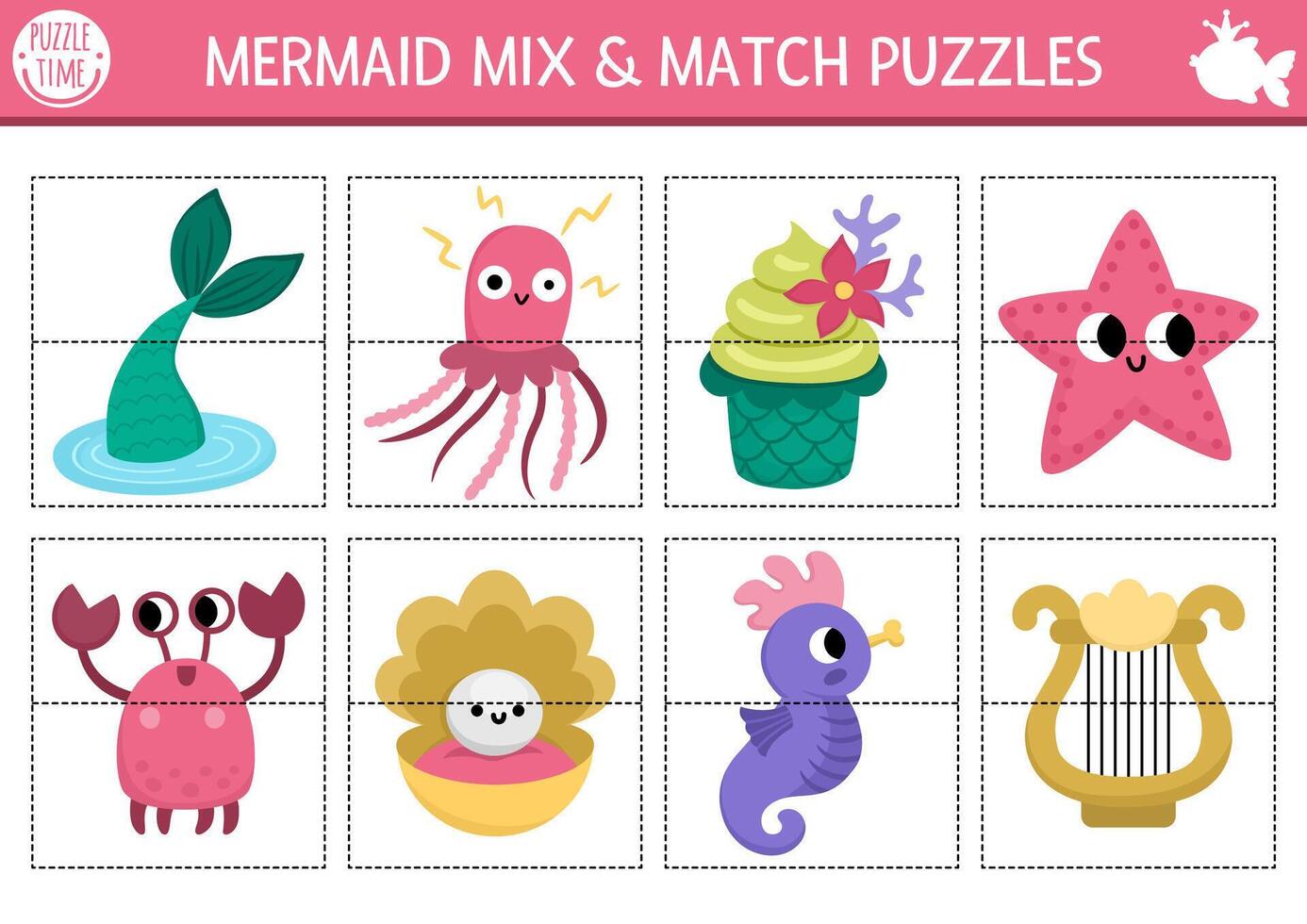 mermaid mix and match puzzle with cute sea animals. Matching fairytale ocean kingdom activity for preschool kids. Marine educational printable game with fish tail, seahorse, crab, harp, starfish vector