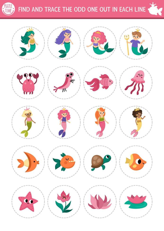 Find the odd one out. Mermaid logical activity for kids. Fairytale ocean kingdom educational quiz worksheet for attention skills. Marine printable game with sea princess, merman, fish, seaweeds vector